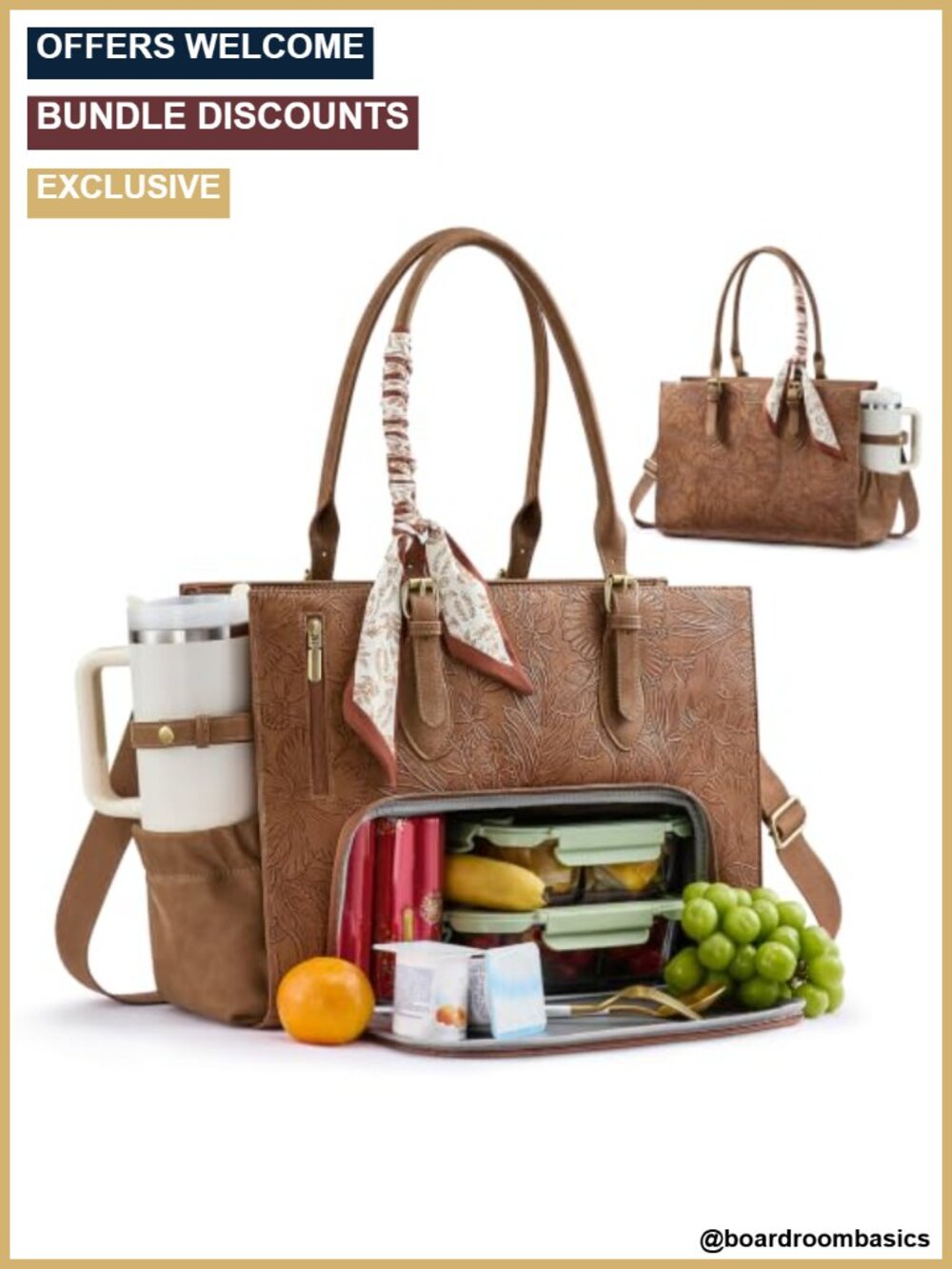 Work Tote Bag with Insulated Lunch Compartment Fits 15.6" Laptop Faux Leather